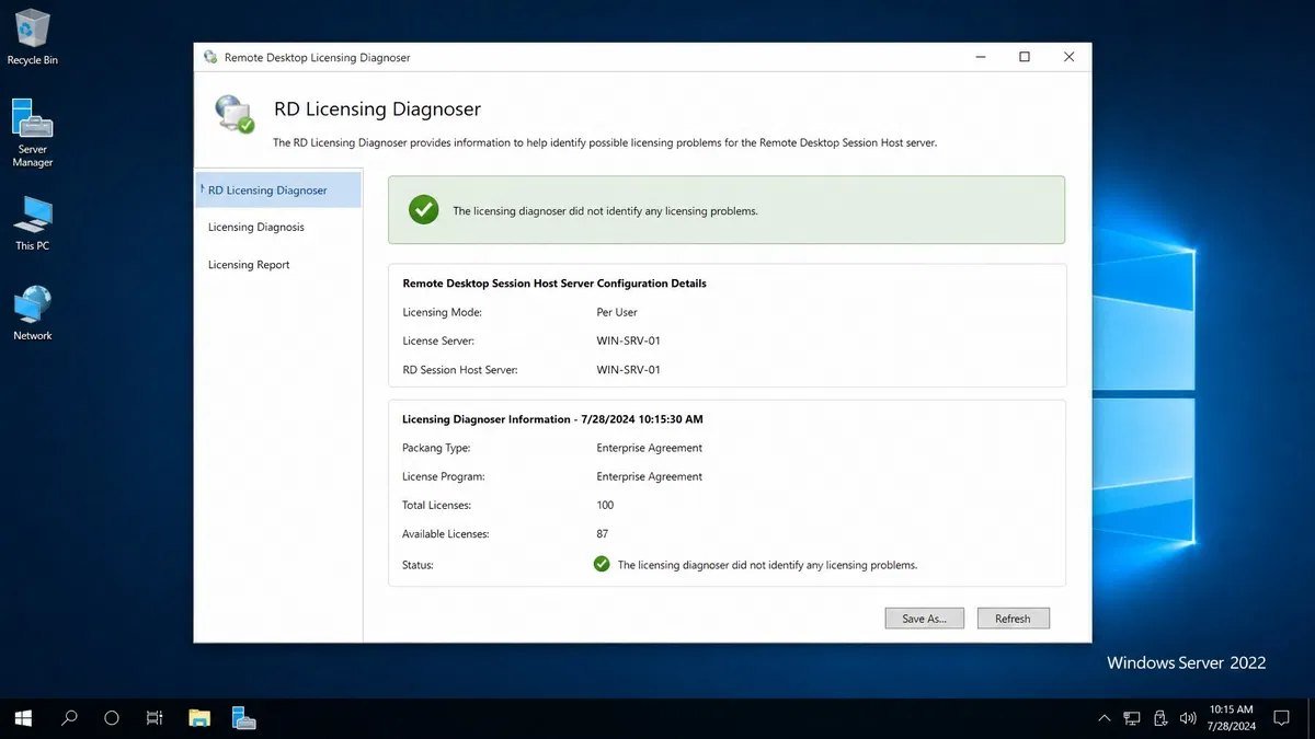 Remote Desktop Licensing Diagnoser showing licensing mode and discovered licence server on a session host