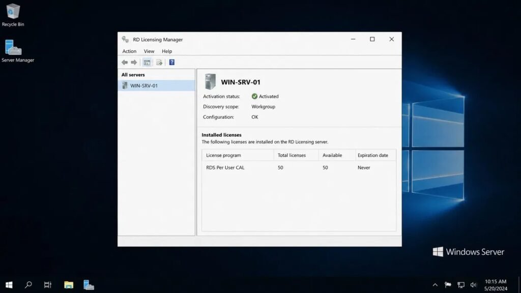 Remote Desktop Licensing Manager showing an activated licence server with installed RDS CAL packs