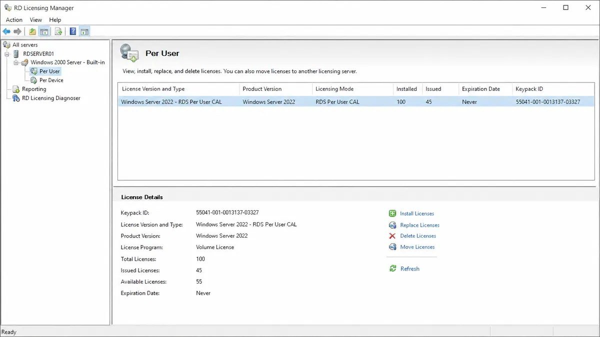 Remote Desktop Licensing Manager showing installed and issued counts for RDS per user CALs